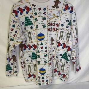 Vintage White Holiday Print Sweatshirt with Red, Green, Blue Accents